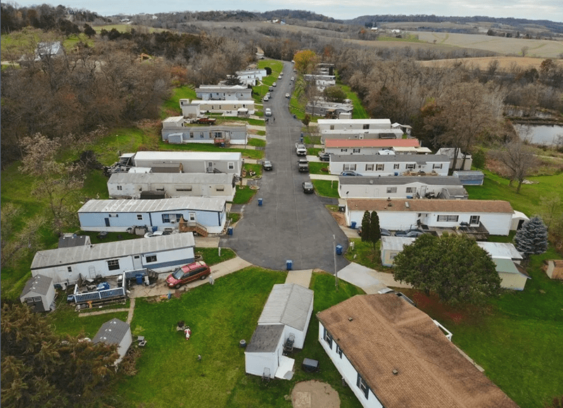 An aerial view of a residential area with many trailers.