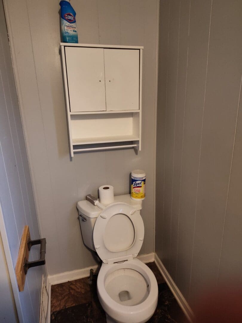 White toilet and cabinet in bathroom.
