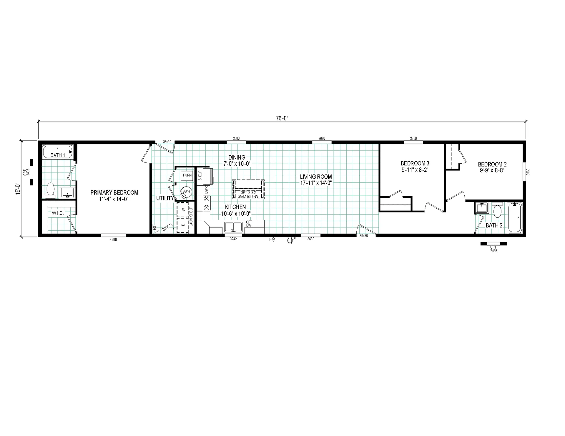 Floor plan of a mobile home with 3 bedrooms.
