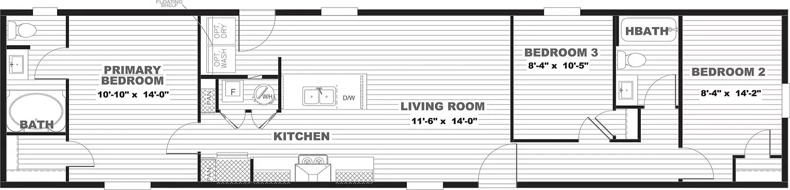 Floor plan of a 3 bedroom home.