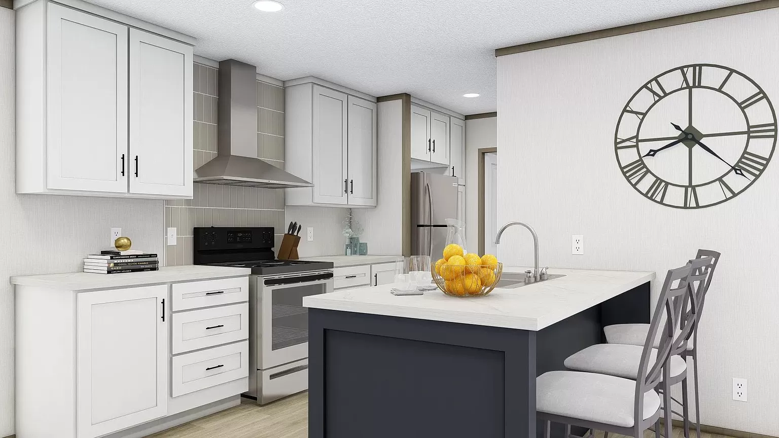 Kitchen with white cabinets and island.